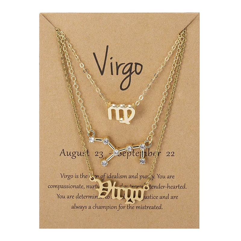 3Pcs/set 12 Zodiac Sign For Women 12 Constellation Pendant Chain Choker Birthday Jewelry With Cardboard Card