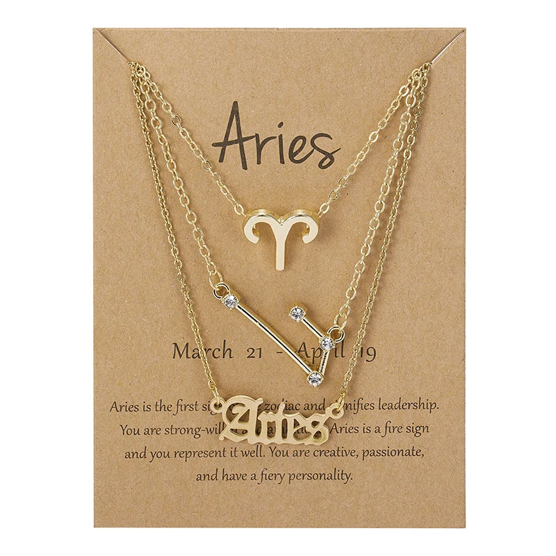 3Pcs/set 12 Zodiac Sign For Women 12 Constellation Pendant Chain Choker Birthday Jewelry With Cardboard Card
