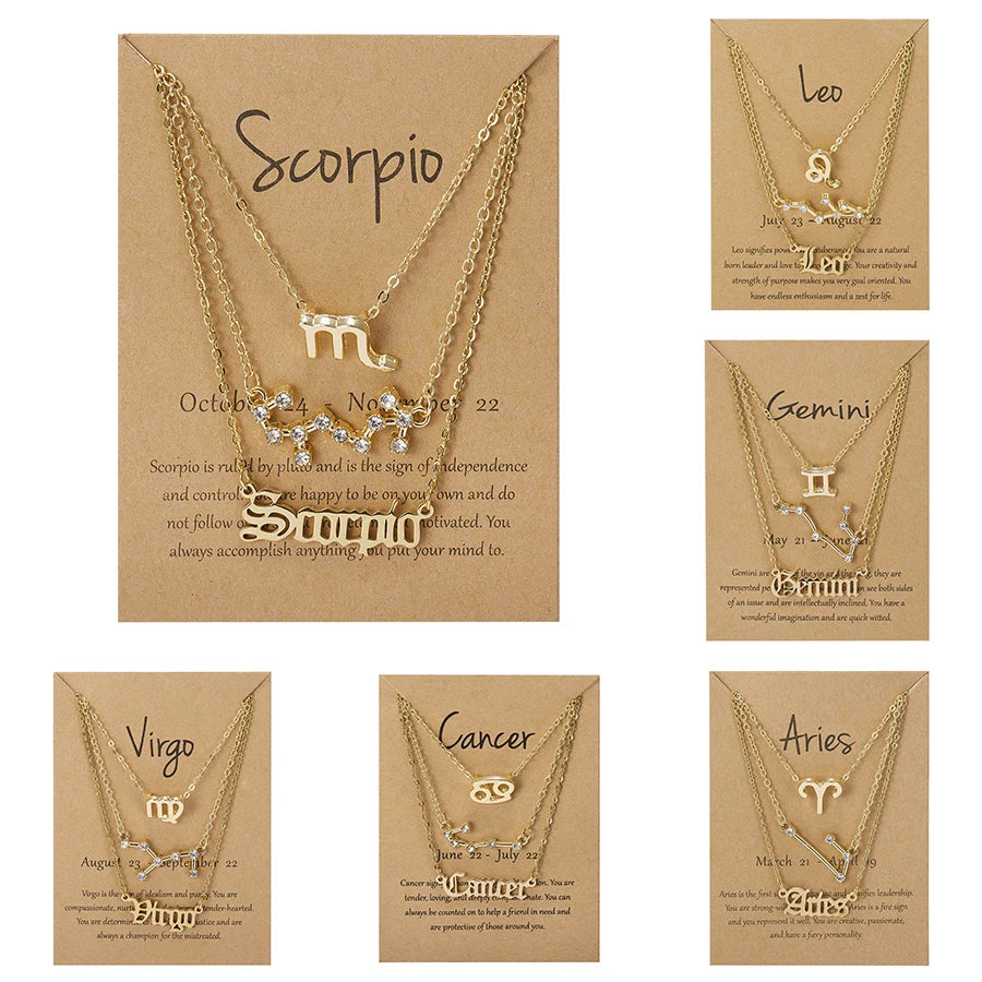 3Pcs/set 12 Zodiac Sign For Women 12 Constellation Pendant Chain Choker Birthday Jewelry With Cardboard Card