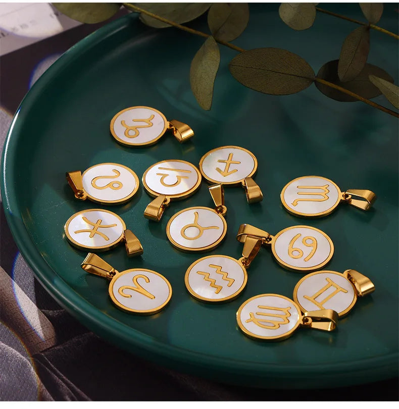 Zodiac Sign 12 Constellat White Shell Charm Pendant for Women Charm Jewelry DIY Wholesale