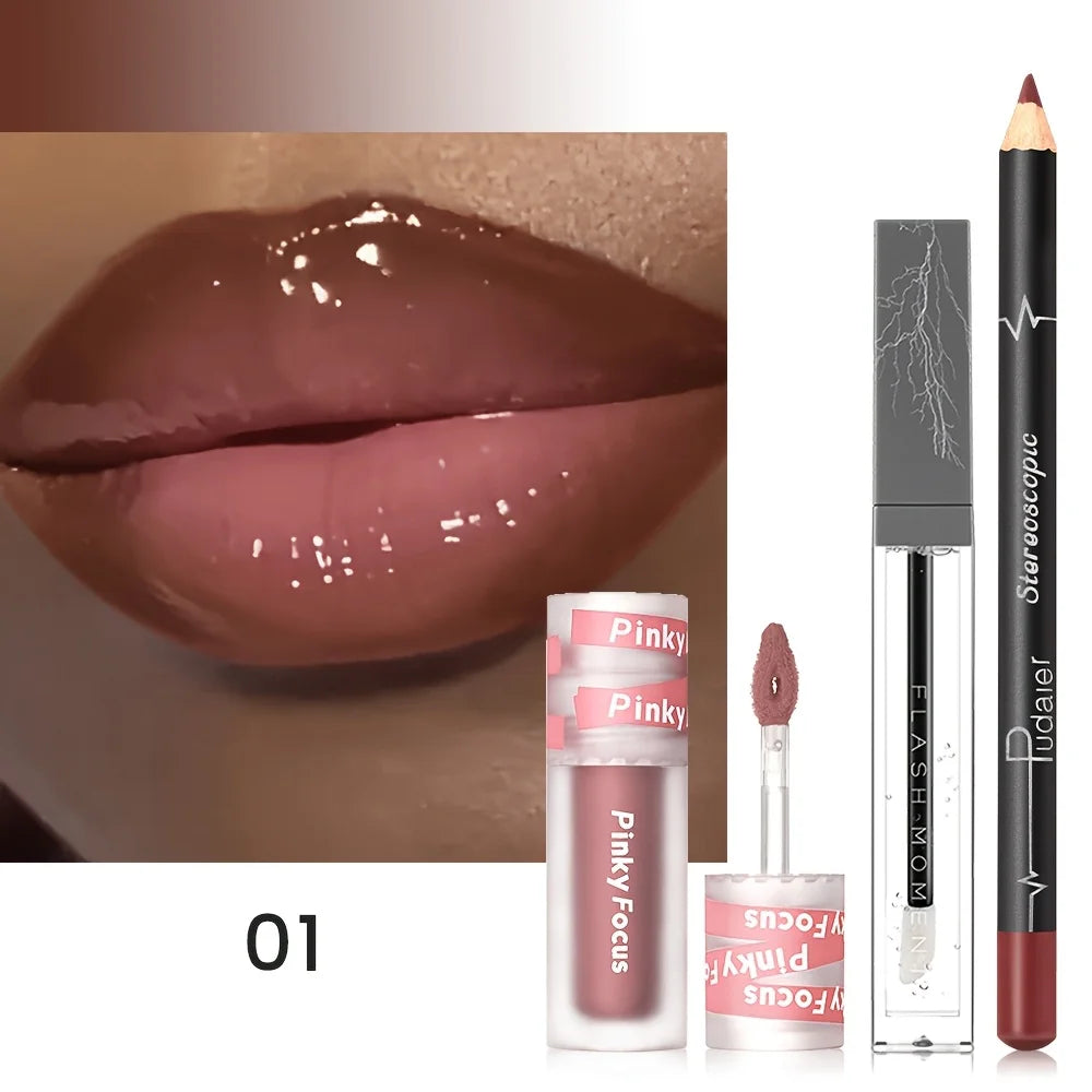 3PCS Shimmer  Lip Gloss - Lip Liner and Lip Mud and Oil, Non-Sticky,Glitter, Nourishing Glossy Moisturizing Lipstick