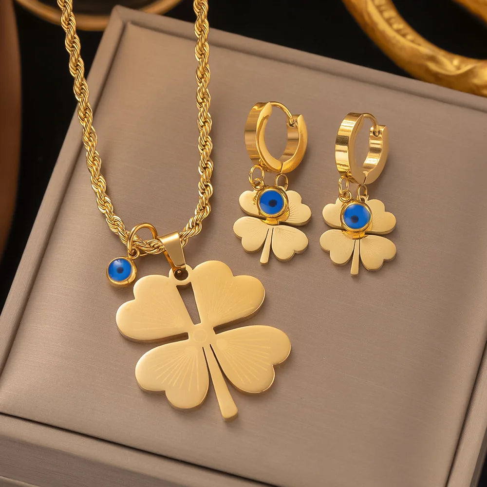 Fashion Four-leaf Clover Stainless Steel Earrings Necklace Set For Women Turkish Blue Eyes Drop Pendant Daywear Jewelry