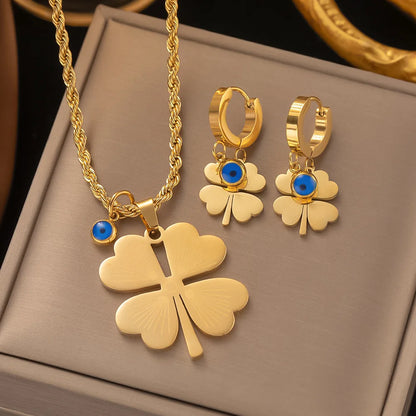 Fashion Four-leaf Clover Stainless Steel Earrings Necklace Set For Women Turkish Blue Eyes Drop Pendant Daywear Jewelry