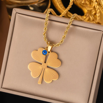 Fashion Four-leaf Clover Stainless Steel Earrings Necklace Set For Women Turkish Blue Eyes Drop Pendant Daywear Jewelry