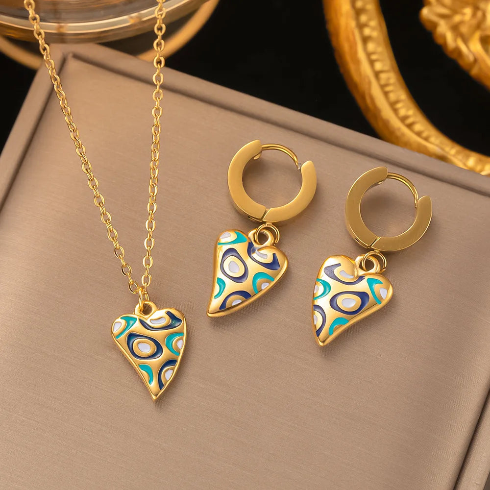 Fashion Four-leaf Clover Stainless Steel Earrings Necklace Set For Women Turkish Blue Eyes Drop Pendant Daywear Jewelry