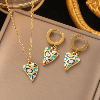Fashion Four-leaf Clover Stainless Steel Earrings Necklace Set For Women Turkish Blue Eyes Drop Pendant Daywear Jewelry