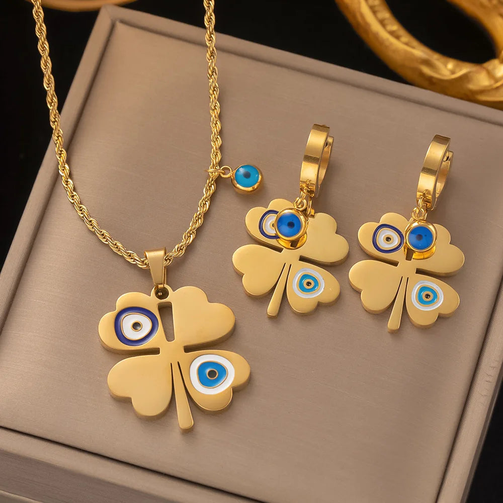 Fashion Four-leaf Clover Stainless Steel Earrings Necklace Set For Women Turkish Blue Eyes Drop Pendant Daywear Jewelry
