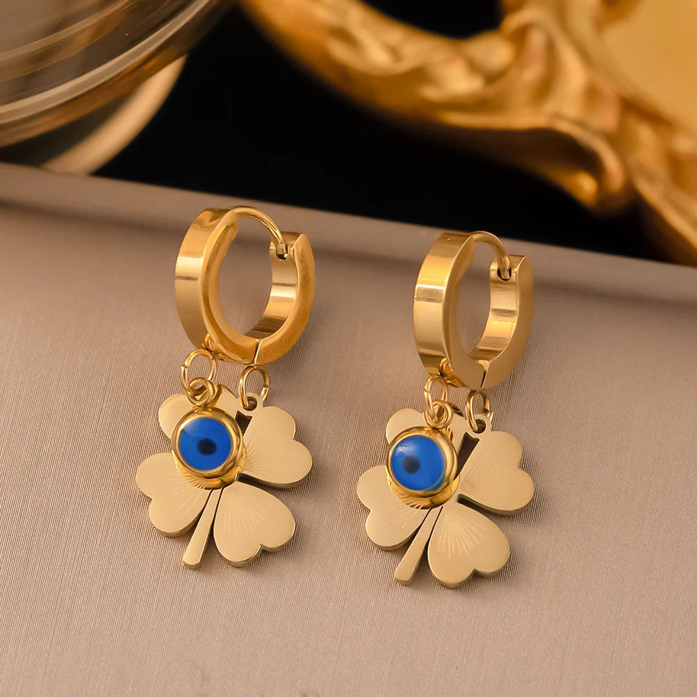Fashion Four-leaf Clover Stainless Steel Earrings Necklace Set For Women Turkish Blue Eyes Drop Pendant Daywear Jewelry