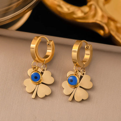 Fashion Four-leaf Clover Stainless Steel Earrings Necklace Set For Women Turkish Blue Eyes Drop Pendant Daywear Jewelry