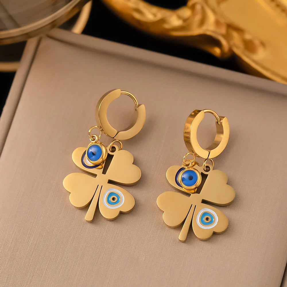 Fashion Four-leaf Clover Stainless Steel Earrings Necklace Set For Women Turkish Blue Eyes Drop Pendant Daywear Jewelry