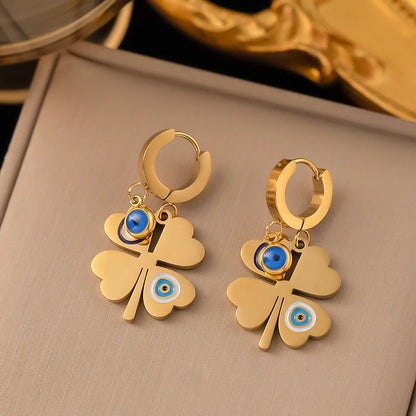 Fashion Four-leaf Clover Stainless Steel Earrings Necklace Set For Women Turkish Blue Eyes Drop Pendant Daywear Jewelry