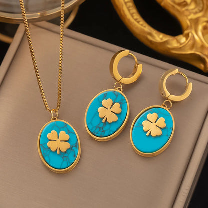 Fashion Four-leaf Clover Stainless Steel Earrings Necklace Set For Women Turkish Blue Eyes Drop Pendant Daywear Jewelry