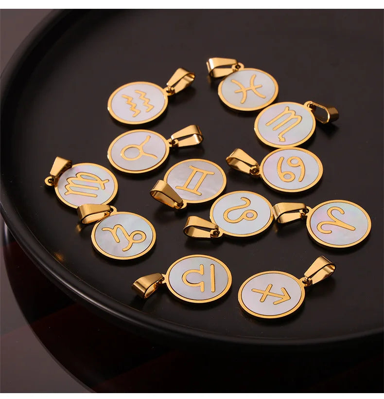 Zodiac Sign 12 Constellat White Shell Charm Pendant for Women Charm Jewelry DIY Wholesale