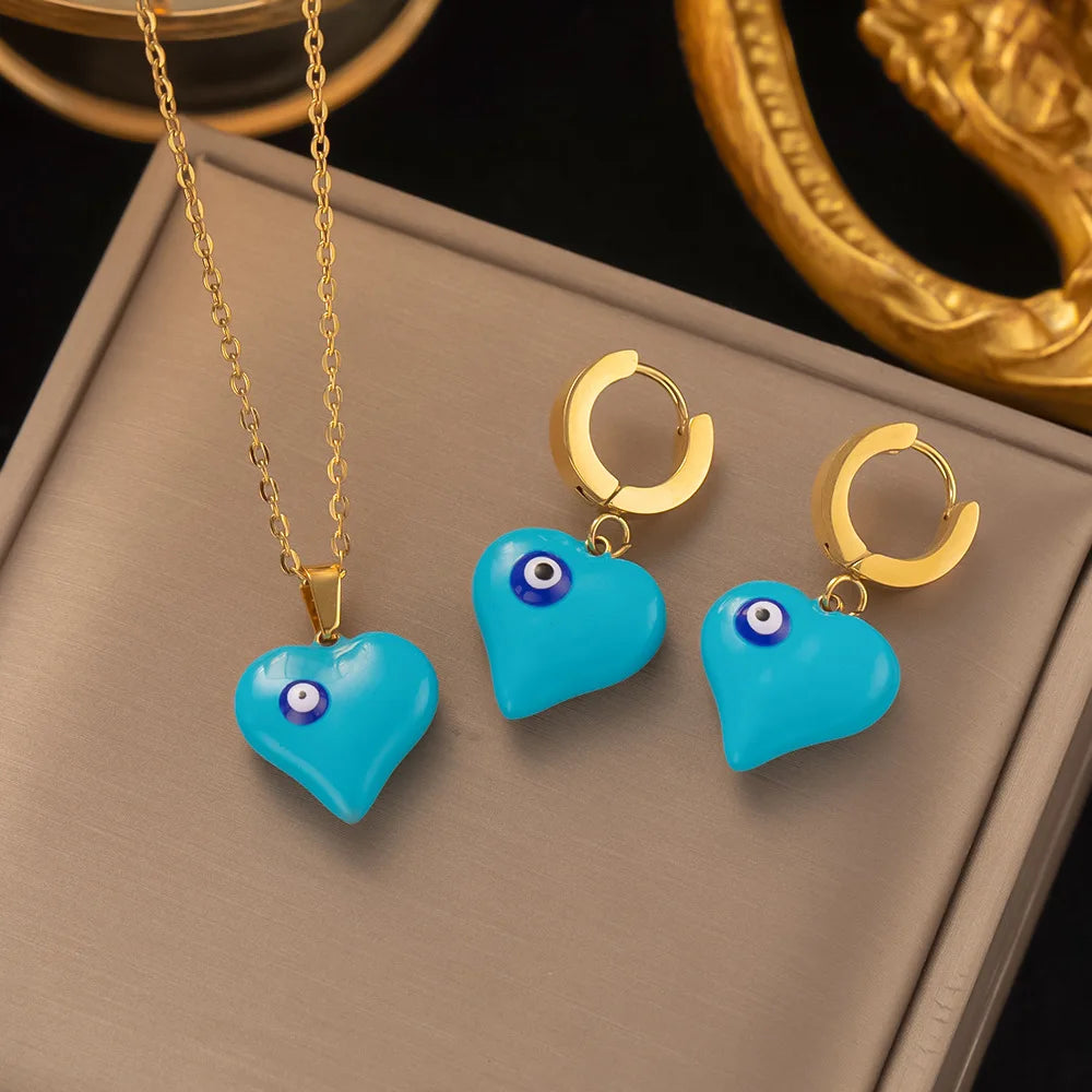Fashion Four-leaf Clover Stainless Steel Earrings Necklace Set For Women Turkish Blue Eyes Drop Pendant Daywear Jewelry