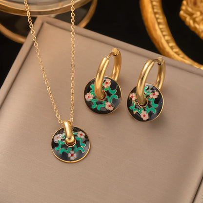 Fashion Four-leaf Clover Stainless Steel Earrings Necklace Set For Women Turkish Blue Eyes Drop Pendant Daywear Jewelry