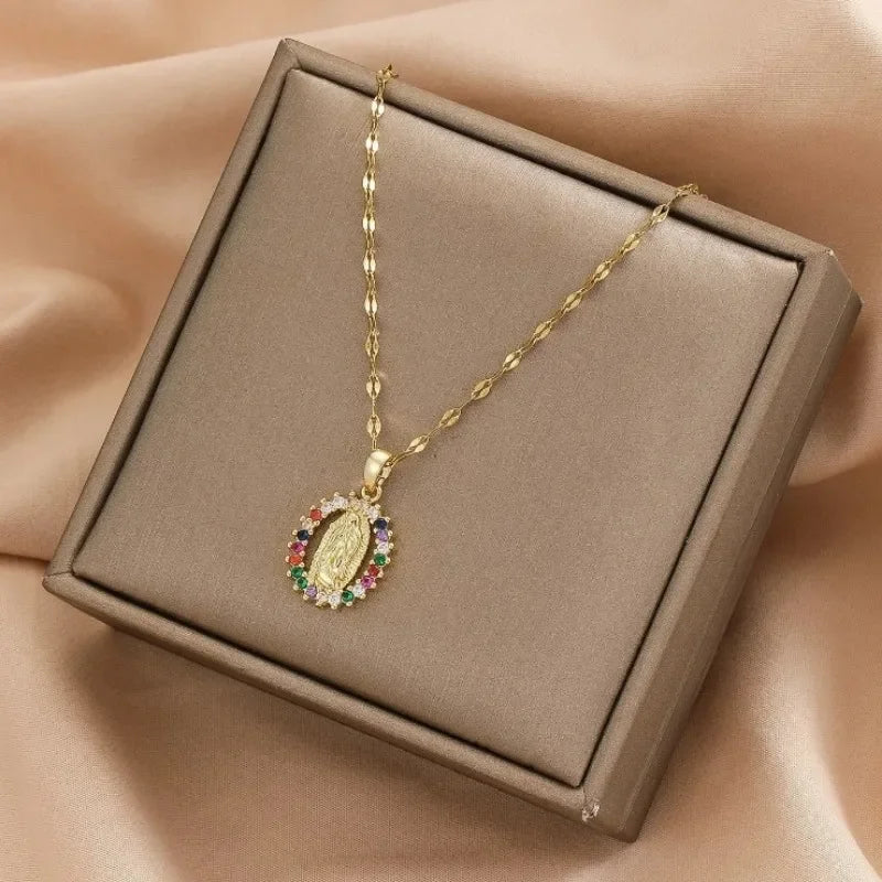 European and American Fashion and Gorgeous Women's All Sky Star Micro Colorful Zircon Virgin Mary Hollow Necklace