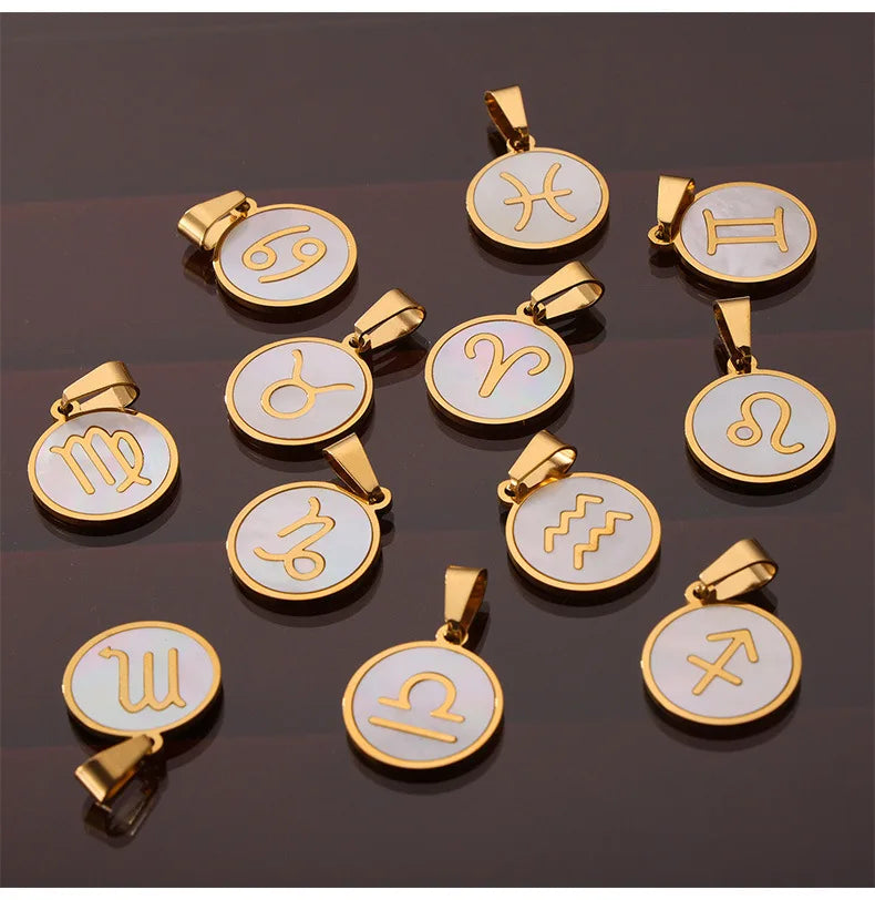 Zodiac Sign 12 Constellat White Shell Charm Pendant for Women Charm Jewelry DIY Wholesale