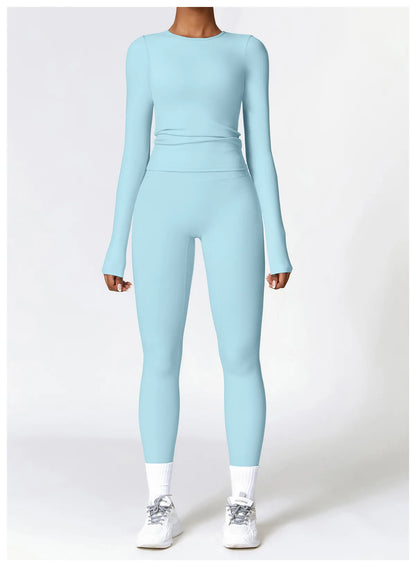 2PCS Yoga Set Women Gym Clothing Fitness Workout Set Sportswear Long Sleeve Crop Top High Waist Leggings Sports Suits