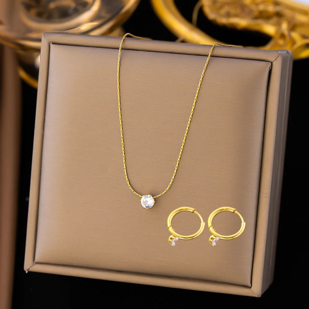 Fashion Four-leaf Clover Stainless Steel Earrings Necklace Set For Women Turkish Blue Eyes Drop Pendant Daywear Jewelry