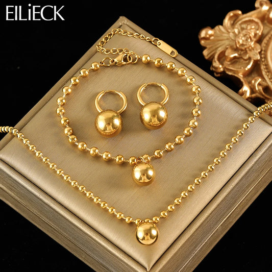 EILIECK New Fashion Stainless Steel Metal Bead Ball Bracelet Earrings For Women Trendy Waterproof Jewelry Set Gift
