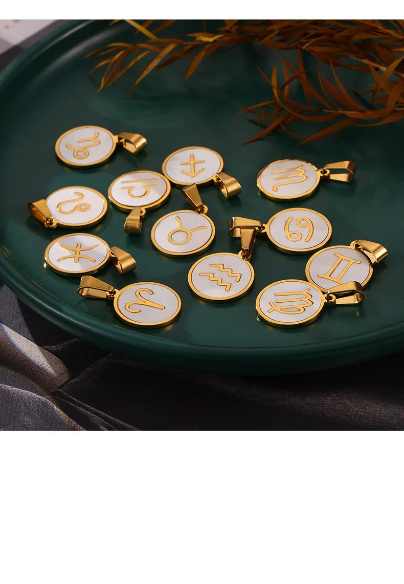 Zodiac Sign 12 Constellat White Shell Charm Pendant for Women Charm Jewelry DIY Wholesale