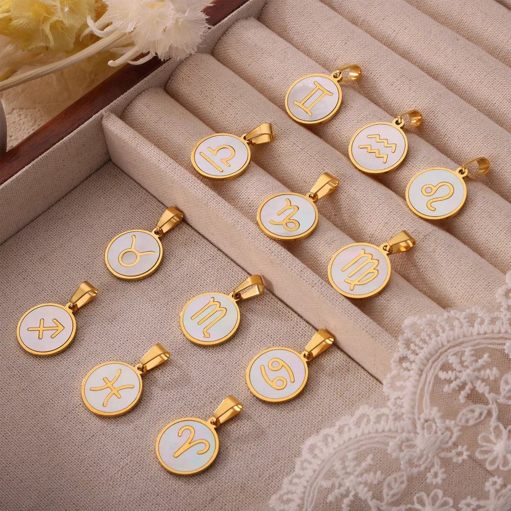 Zodiac Sign 12 Constellat White Shell Charm Pendant for Women Charm Jewelry DIY Wholesale