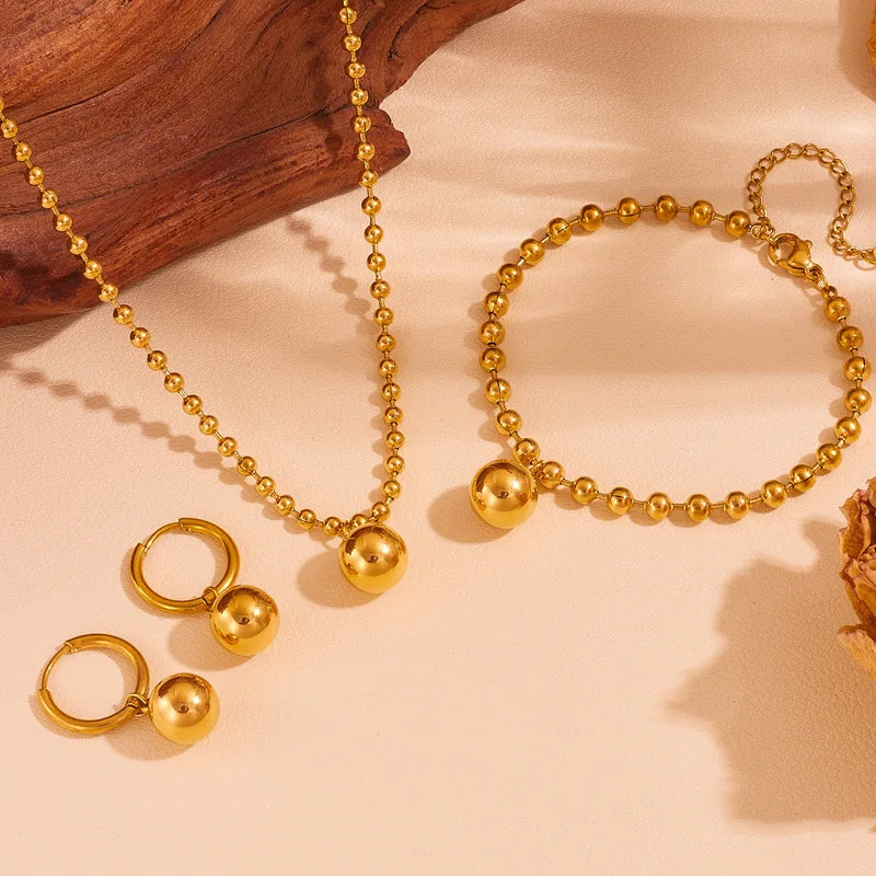 EILIECK New Fashion Stainless Steel Metal Bead Ball Bracelet Earrings For Women Trendy Waterproof Jewelry Set Gift