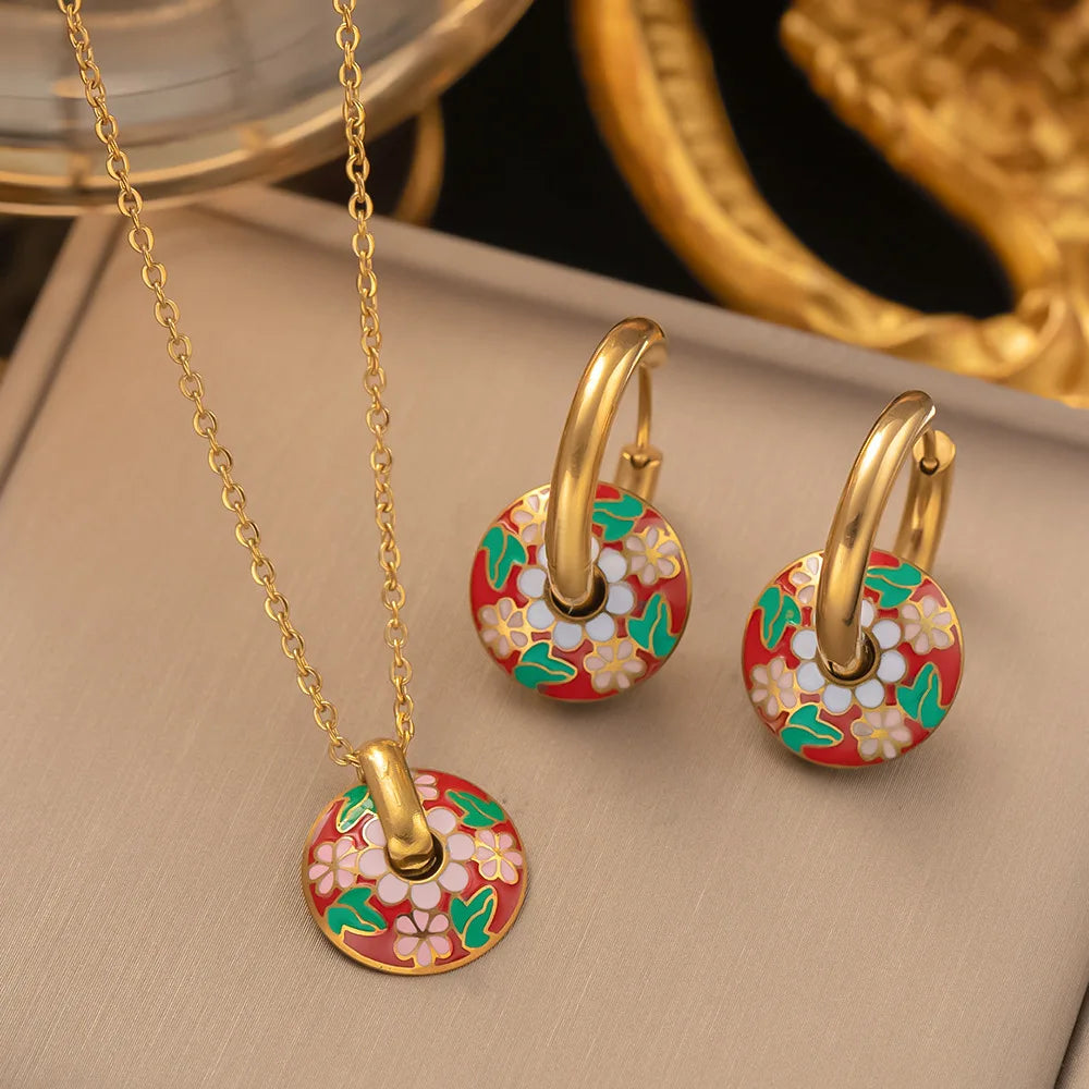 Fashion Four-leaf Clover Stainless Steel Earrings Necklace Set For Women Turkish Blue Eyes Drop Pendant Daywear Jewelry