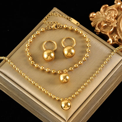 EILIECK New Fashion Stainless Steel Metal Bead Ball Bracelet Earrings For Women Trendy Waterproof Jewelry Set Gift