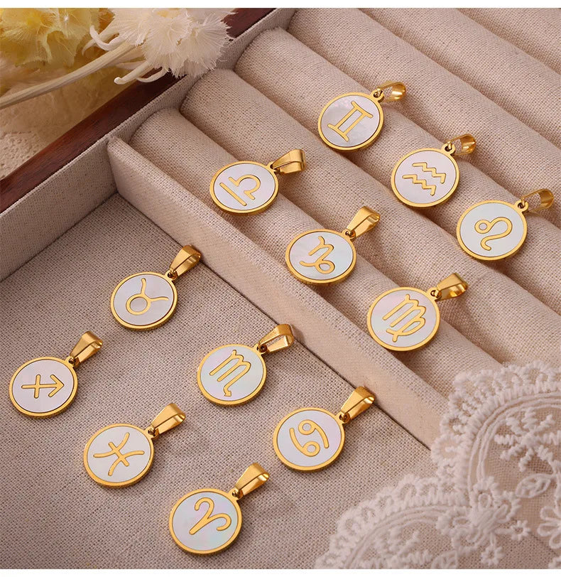 Zodiac Sign 12 Constellat White Shell Charm Pendant for Women Charm Jewelry DIY Wholesale