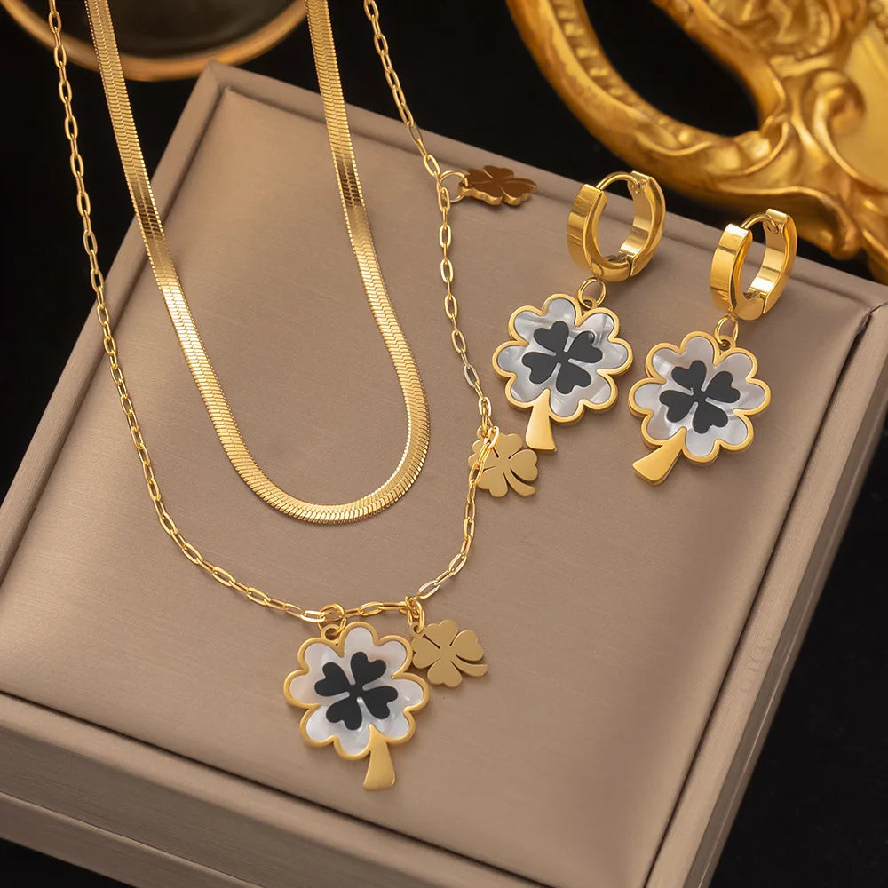Fashion Four-leaf Clover Stainless Steel Earrings Necklace Set For Women Turkish Blue Eyes Drop Pendant Daywear Jewelry