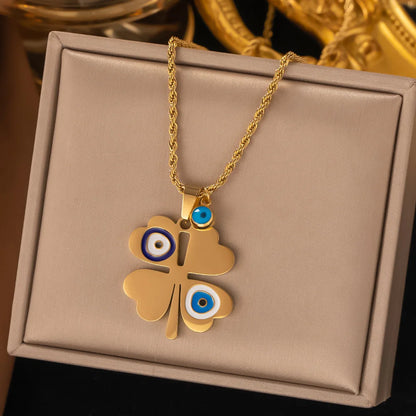 Fashion Four-leaf Clover Stainless Steel Earrings Necklace Set For Women Turkish Blue Eyes Drop Pendant Daywear Jewelry