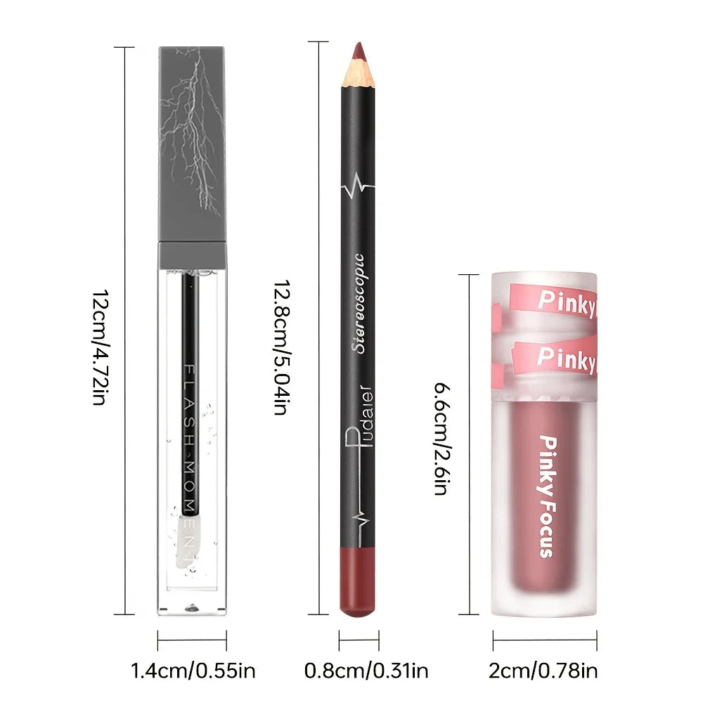 3PCS Shimmer  Lip Gloss - Lip Liner and Lip Mud and Oil, Non-Sticky,Glitter, Nourishing Glossy Moisturizing Lipstick