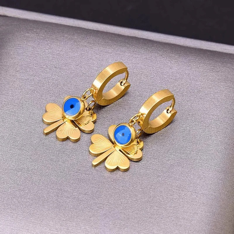 Fashion Four-leaf Clover Stainless Steel Earrings Necklace Set For Women Turkish Blue Eyes Drop Pendant Daywear Jewelry