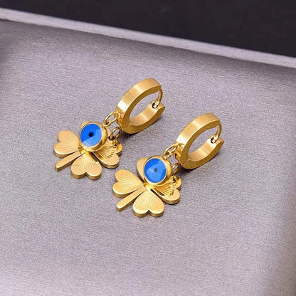 Fashion Four-leaf Clover Stainless Steel Earrings Necklace Set For Women Turkish Blue Eyes Drop Pendant Daywear Jewelry