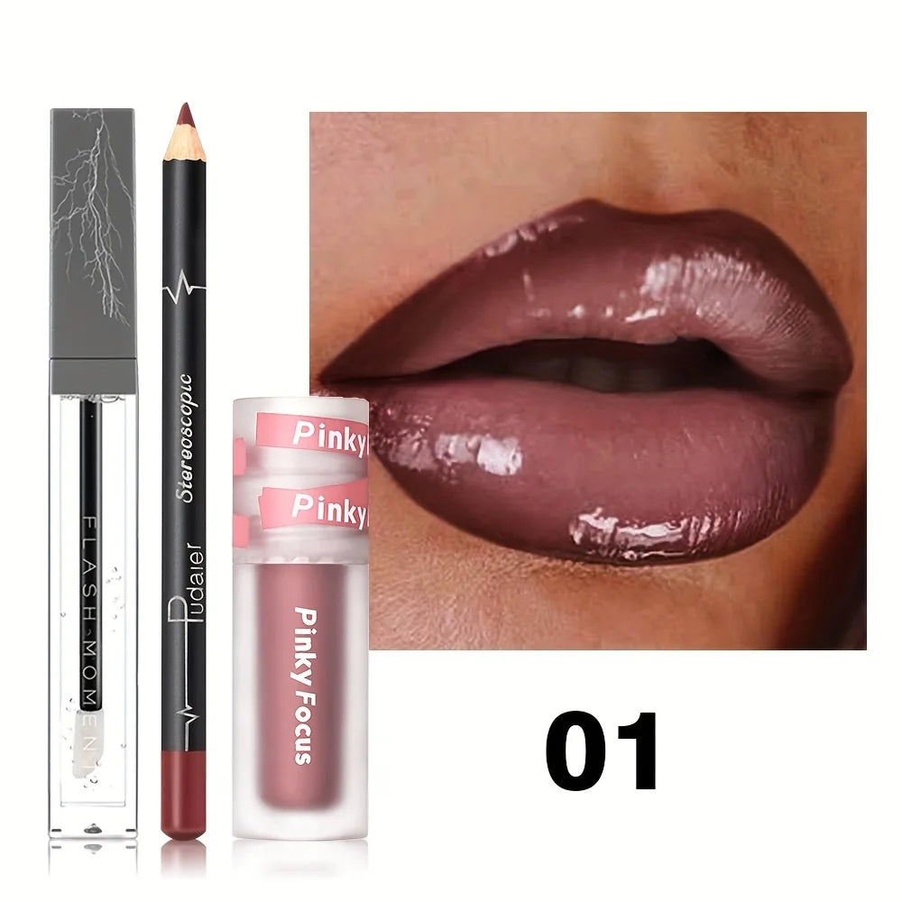 3PCS Shimmer  Lip Gloss - Lip Liner and Lip Mud and Oil, Non-Sticky,Glitter, Nourishing Glossy Moisturizing Lipstick