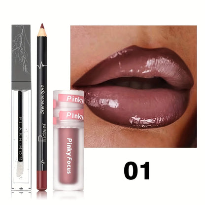 3PCS Shimmer  Lip Gloss - Lip Liner and Lip Mud and Oil, Non-Sticky,Glitter, Nourishing Glossy Moisturizing Lipstick