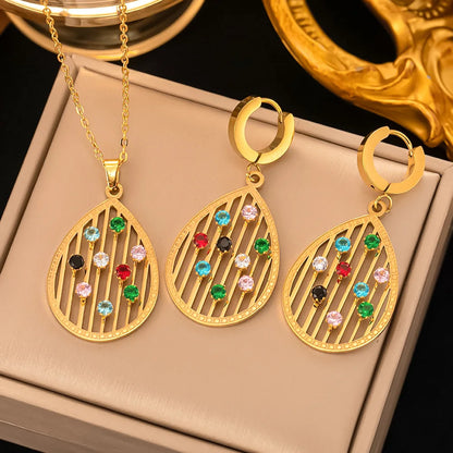Fashion Four-leaf Clover Stainless Steel Earrings Necklace Set For Women Turkish Blue Eyes Drop Pendant Daywear Jewelry