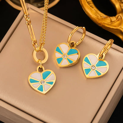 Fashion Four-leaf Clover Stainless Steel Earrings Necklace Set For Women Turkish Blue Eyes Drop Pendant Daywear Jewelry