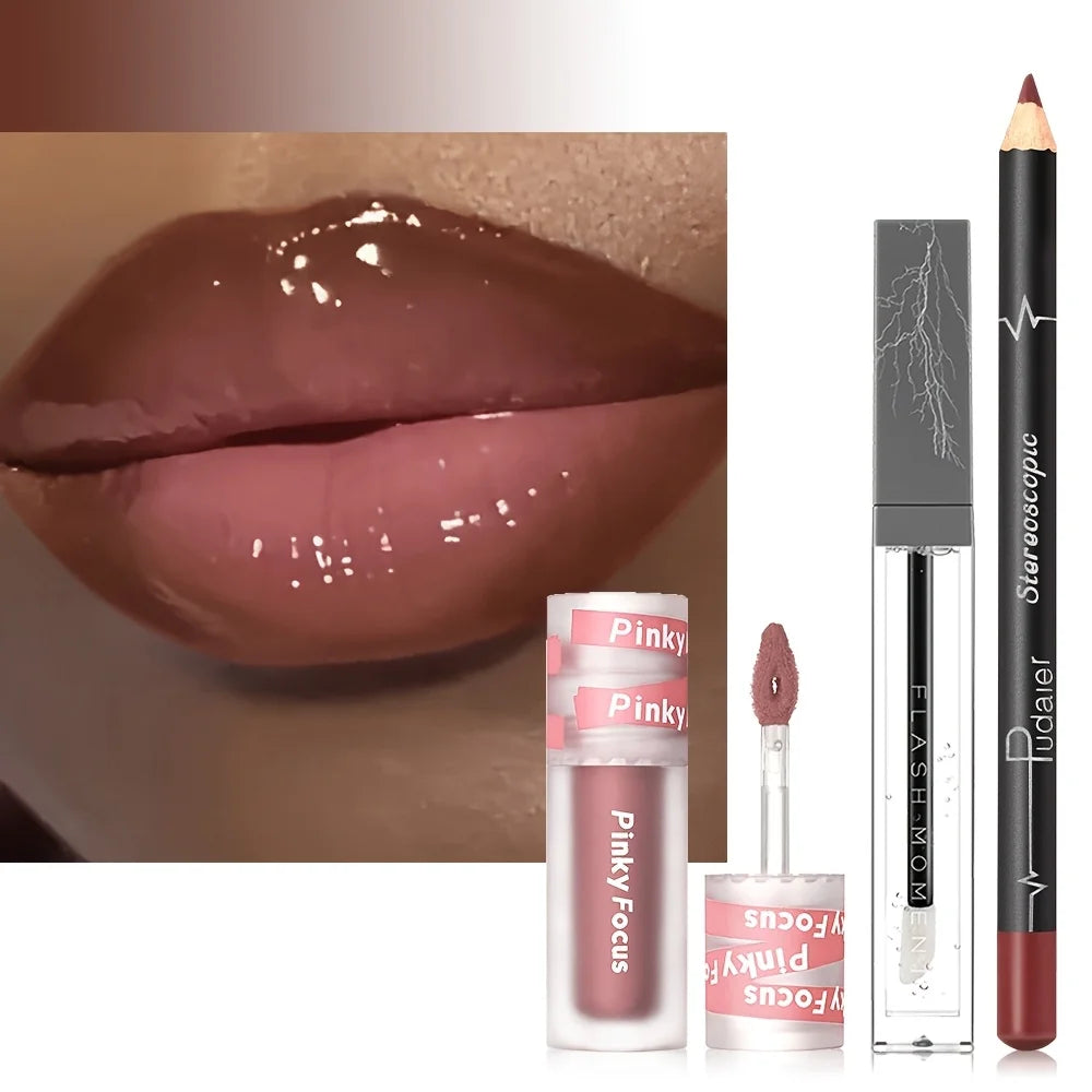 3PCS Shimmer  Lip Gloss - Lip Liner and Lip Mud and Oil, Non-Sticky,Glitter, Nourishing Glossy Moisturizing Lipstick
