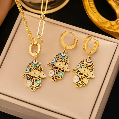 Fashion Four-leaf Clover Stainless Steel Earrings Necklace Set For Women Turkish Blue Eyes Drop Pendant Daywear Jewelry
