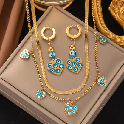 Fashion Four-leaf Clover Stainless Steel Earrings Necklace Set For Women Turkish Blue Eyes Drop Pendant Daywear Jewelry